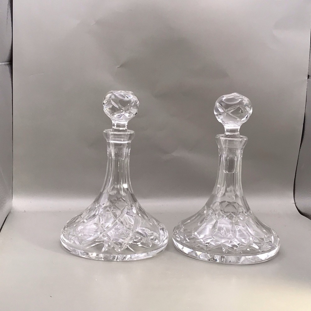 2 Small Cut Glass/crystal Decanters Matching Stoppers But Bottles Differ 7" X 4"